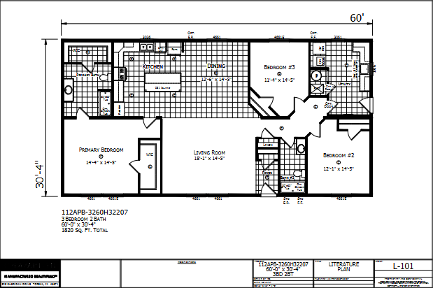 Dutch Aspire Timberlake 3260H32207 — 3 bed 2 bath manufactured home floor plan